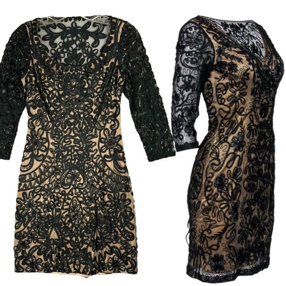 Sue Wong Nocturne Beaded Gem Soutache‎ Cocktail Dress Size 2 Black Floral Lace - Picture 1 of 16